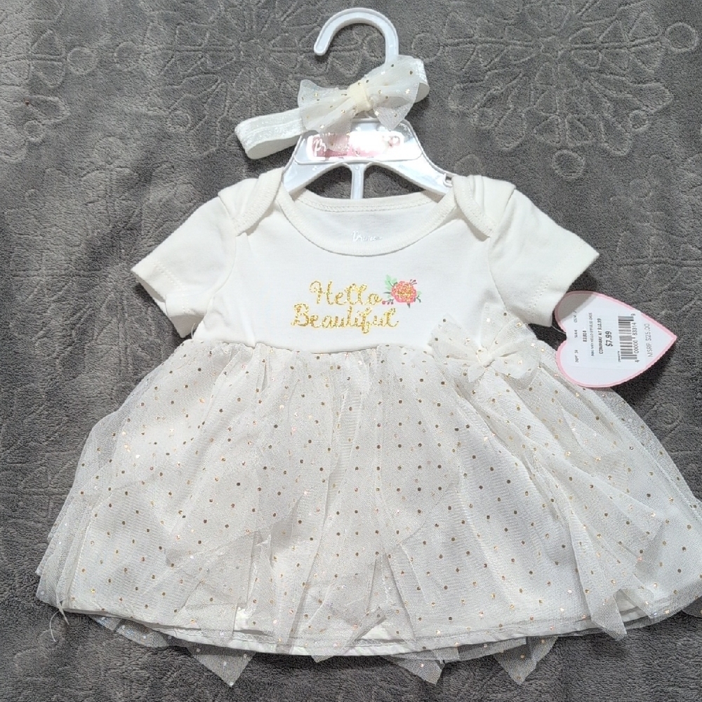 White and Gold Baby Dress with Tulle Skirt